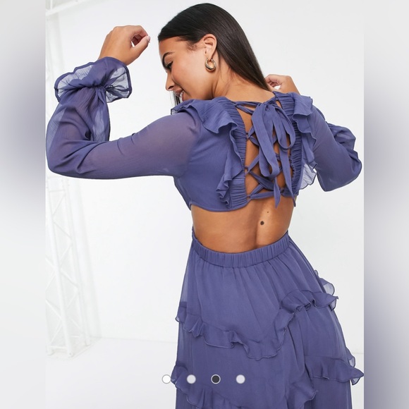 ☔️ASOS Designed Tiered Ruffle Midi Dress with Elastic Waist & Lace up Back - Picture 3 of 7